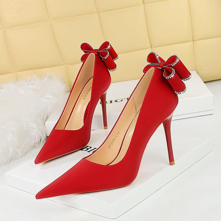Fashionable Banquet High Heels Slim Heels Women's Shoes Shallow Mouth Pointed Toe, Back Bow Single Shoes