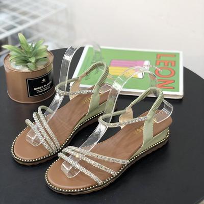 Женские модные плоские сандалии лето новые круглый носок стразы изысканные с ремешком на щиколотке нескользящая обувь на мягкой подошве