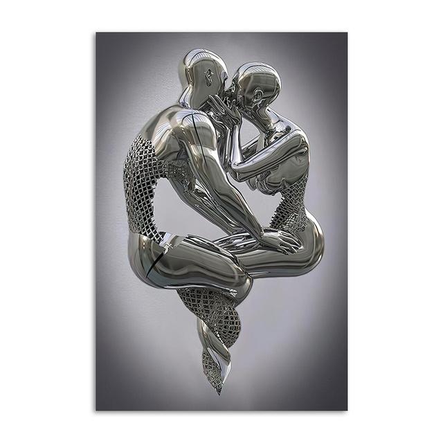 Абстрактная пара Скульптура Холст Картина Красное сердце Металлическая статуя Плакаты для влюбленных Настенная картина для гостиной Украшение дома