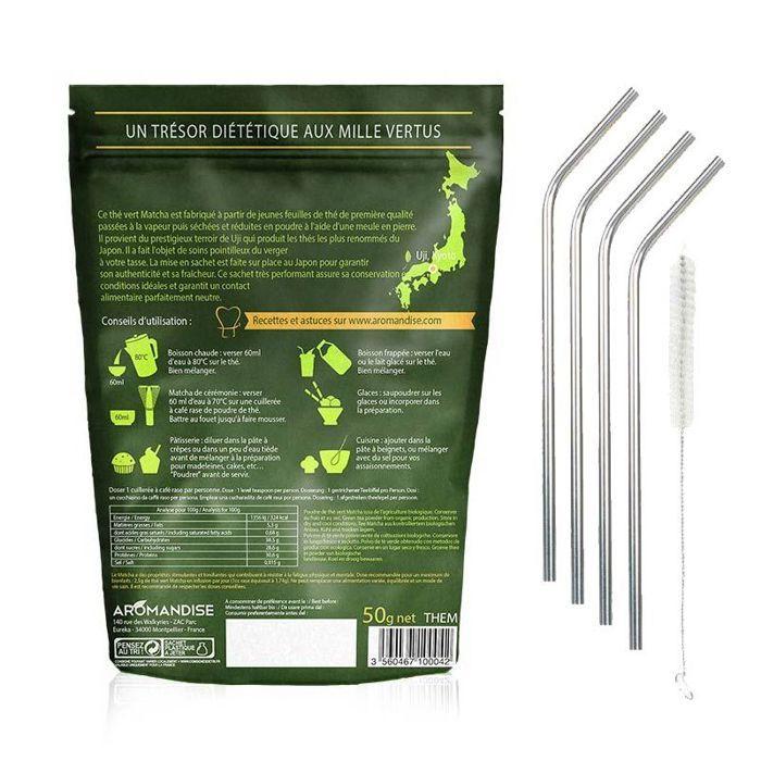 Thé vert bio Matcha en poudre 50 g + 4 pailles en inox