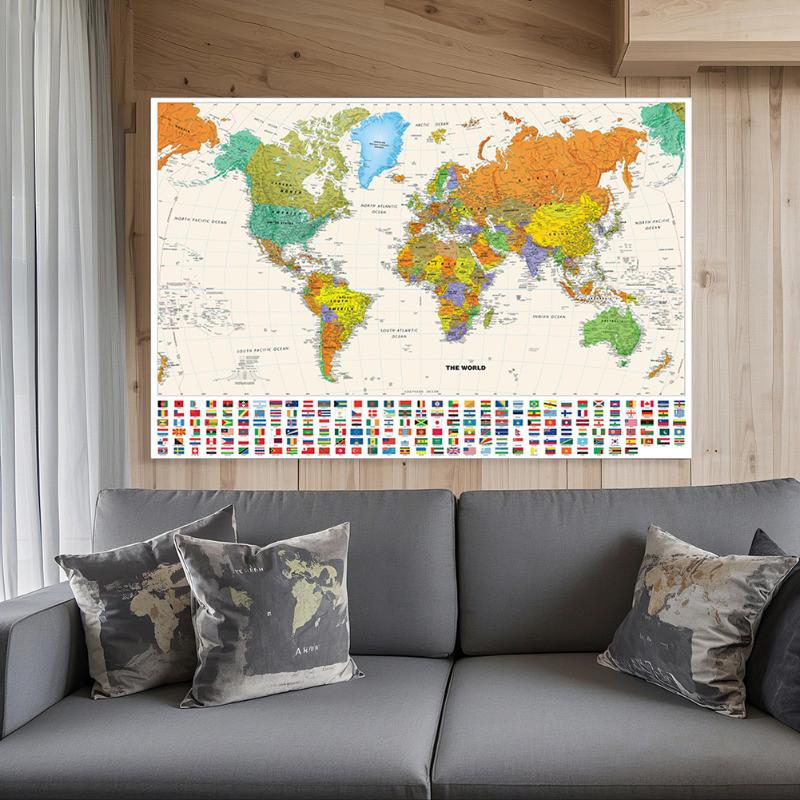 World Map-Countries with Cities,Polyester Wall Hanging,for Kids' Room,Living Room,Dorm,Educational Decor,Wall Art,Travel Tools