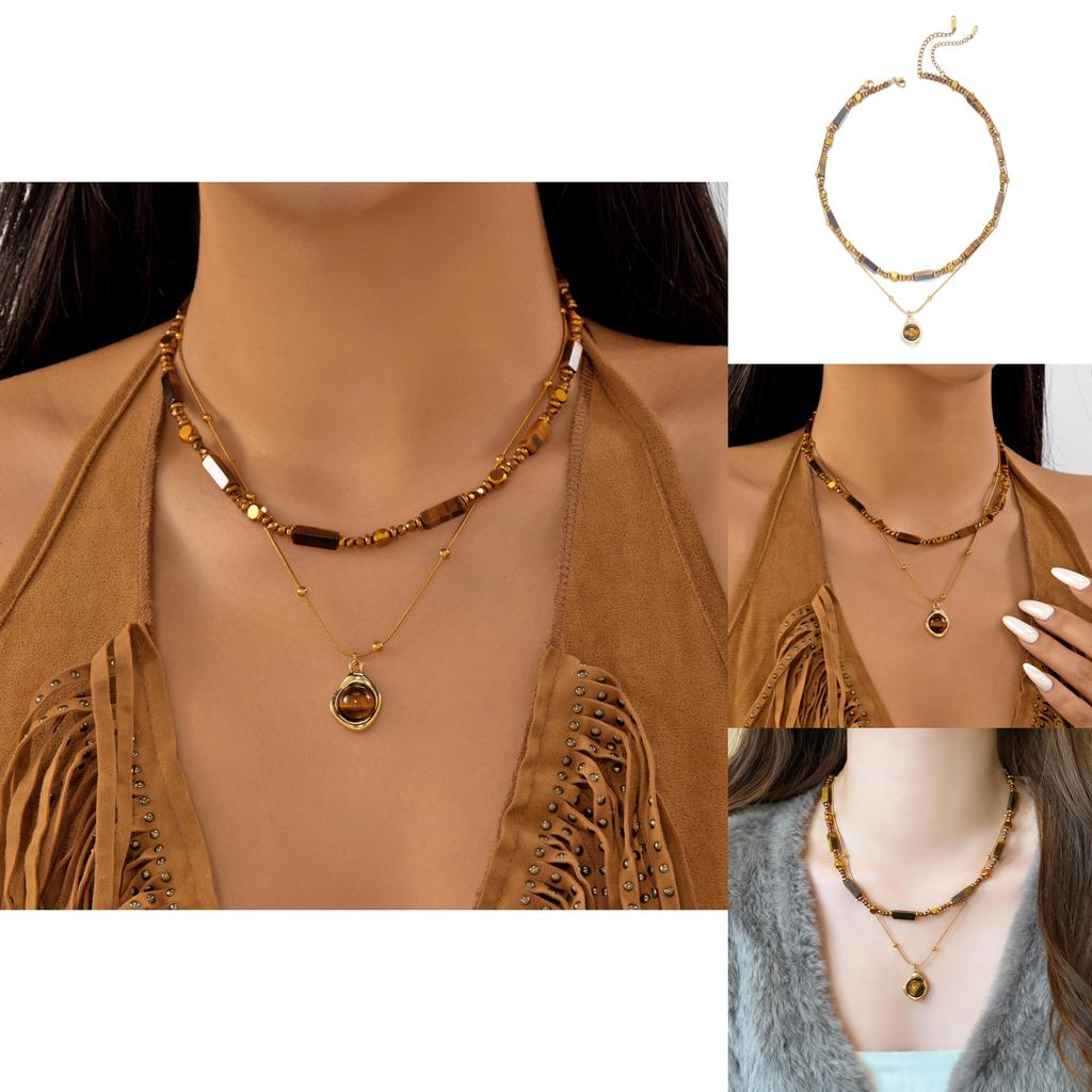 Tiger Eye Beaded Necklace With Steel Pendant Geometric Design For Fashion Casual Wear