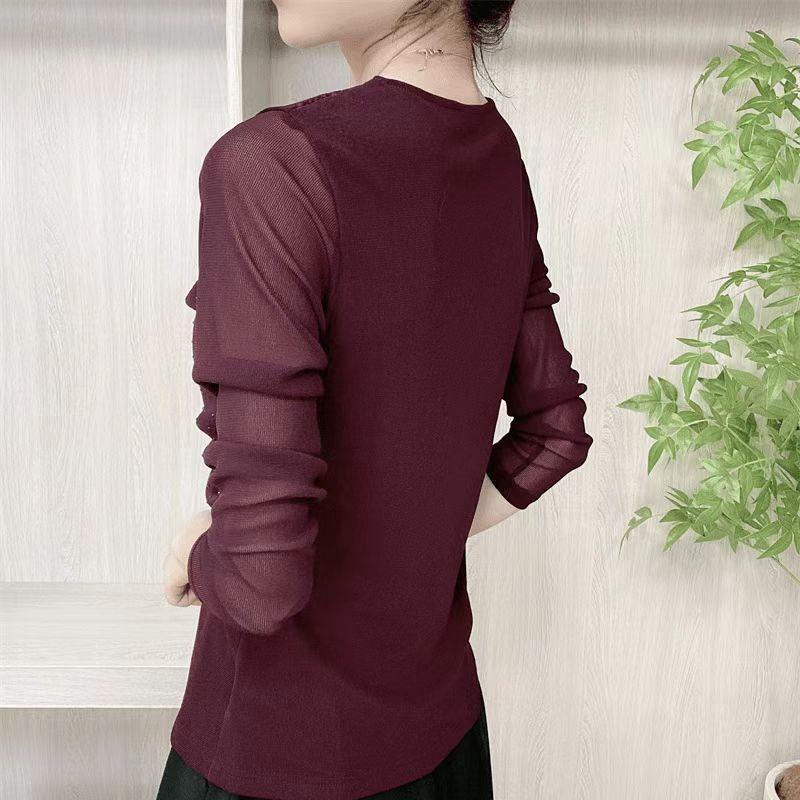 Spring and Autumn New V-neck Pleated Mesh Long-sleeved T-shirt Women's Tops Foreign Feminine Stretch Base Shirt