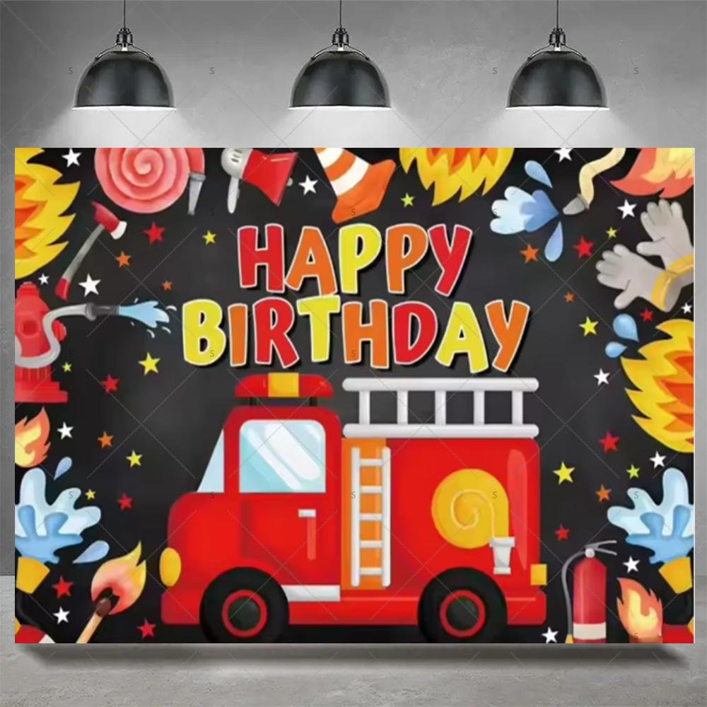 Firefighter Firetruck Theme BackgroundRed Fire Truck Children Boy Birthday Party Decor Baby Shower Photography Backdrop Props