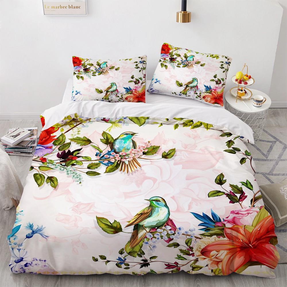 Цветочная Птица Король Королева Пододеяльник Красочный Тропический Цветочный Постельный Комплект Для Женщин Акварельный Растение 2/3шт Полиэстер Пододеяльник