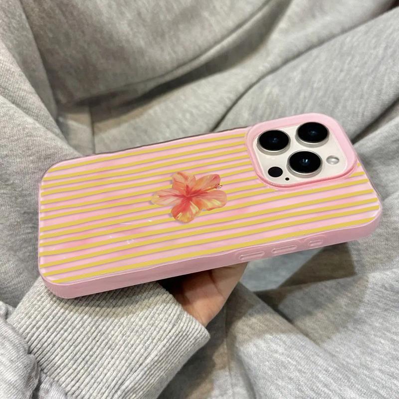 Полосатый чехол для телефона с цветком гибискуса для iPhone 17 16 15 Pro 14 13 11 12 Pro Max 17Air 16E Мягкий ТПУ амортизирующий чехол с волнистой текстурой