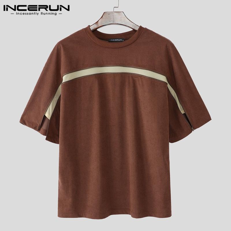 INCERUN Men Short Sleeve Hollow Patchwork Zip-up Casual Loose T-shirts