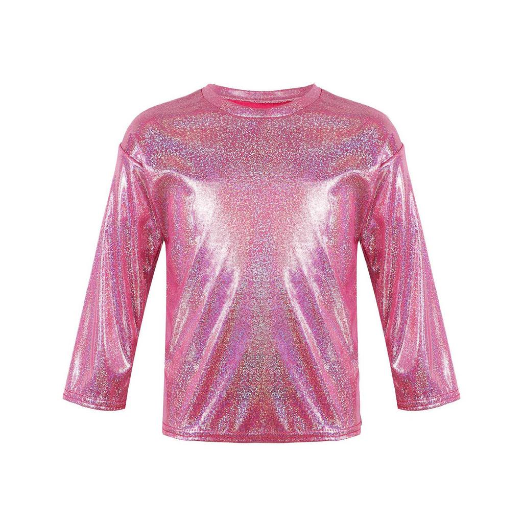 Unisex Kids Metallic Bronzing Cloth Tshirt Long Sleeve Loose Fit Round Neck Top for Parties Performances