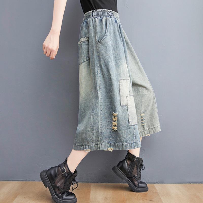 Женские винтажные джинсовые брюки больших размеров, свободные рваные джинсы с заплатками, летние повседневные широкие джинсовые шорты в стиле пэчворк