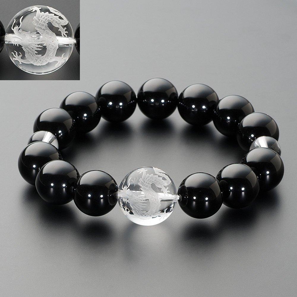 Магазин буддийских алтарей Takita Shoten Специальный браслет из молитвенных бусин, Браслет из натурального камня с черным ониксом и хрусталем с резьбой в виде дракона, Бусины 14 мм,
