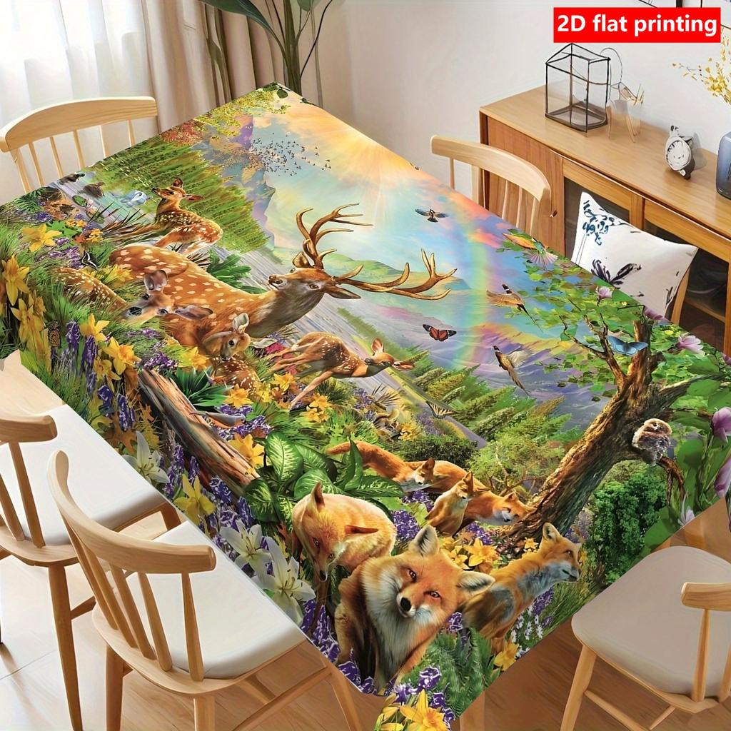 2D Flat Printing, 1pc Nature Forest Animal Themed, Durable Polyester Tablecloth Featuring Patterns of Deer, Butterflies, Rabbits, And Foxes, Rectangul