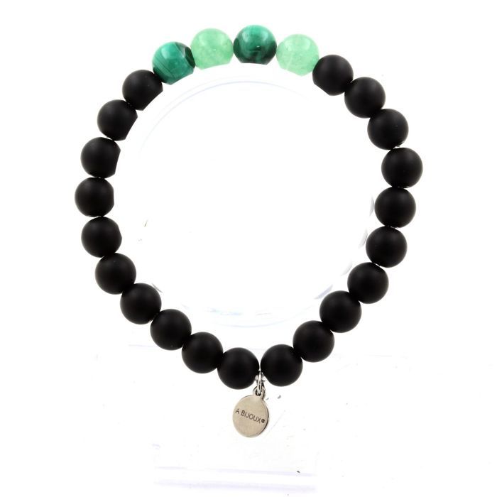 Stones and Minerals. Congo Malachite + Aventurine + Matte Black Onyx 8 Mm Pearl Bracelet. Made In France.