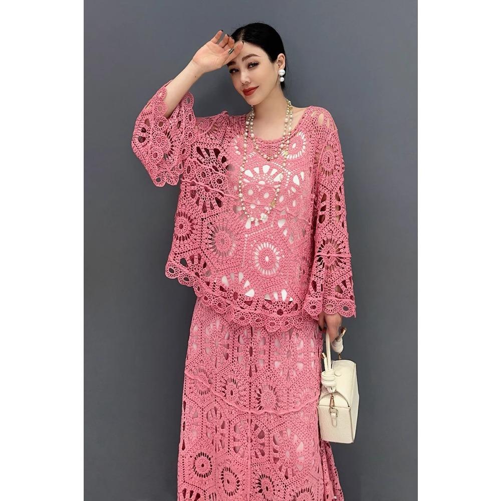 DIMANAF 2025 Новый Юбочный Костюм Женский Пляжный Короткий Рукав Кружева Трикотаж Ажурный Сексуальный О-Образный Вырез Ажурный Летний Стиль Топы Футболки Свободные Базовые