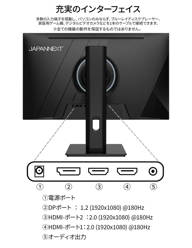 JAPANNEXT Gaming Monitor 180Hz 1ms Full HD 1920x1080 Resolution TN Panel Display Light Angle 24.5-inch (HDMI/DisplayPort/Height Adjustment/Rotation
