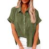 Женская Мода Свободная Повседневная Рубашка с Коротким Рукавом, Лацканами и Застежкой на Пуговицы, Однотонная, с Карманом, Топ-Футболка
