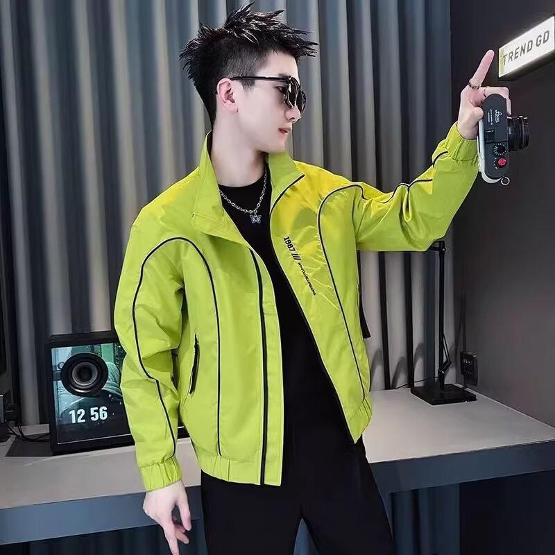 Mens Embroidered Stand Collar Casual Loose Color Block Jacket Outerwear