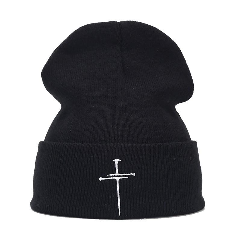 Unisex Vintage Cross Embroidered Knit Beanie Hat Punk Street Style Warm Winter Cap