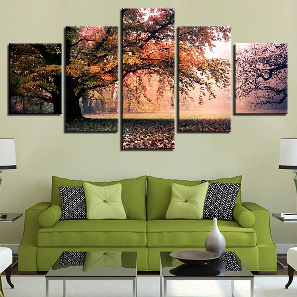 Настенное искусство Картины на холсте 5 шт. Осенние деревья Групповые постеры Лес Великие деревья HD-принты Картины Домашний декор Рамки