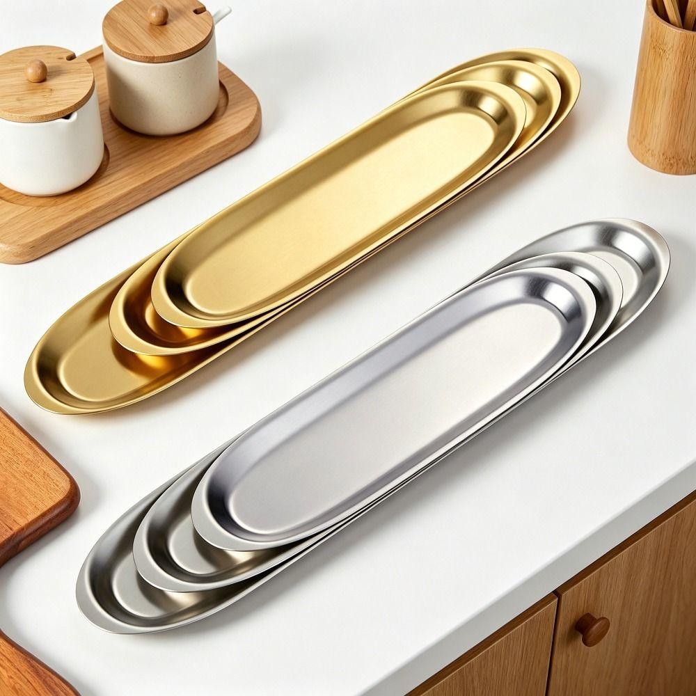 Stainless Steel Picnic BBQ Plate Long Plate Food Serving Dish Sushi Plate Outdoor Tableware