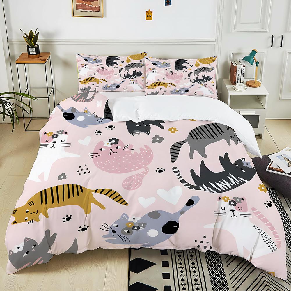 Cartoon cats pattern pink background Print Bedding Set 1 Duvet Cover 2 Pillowcases for Adult and Children Luxury Gift Full Size