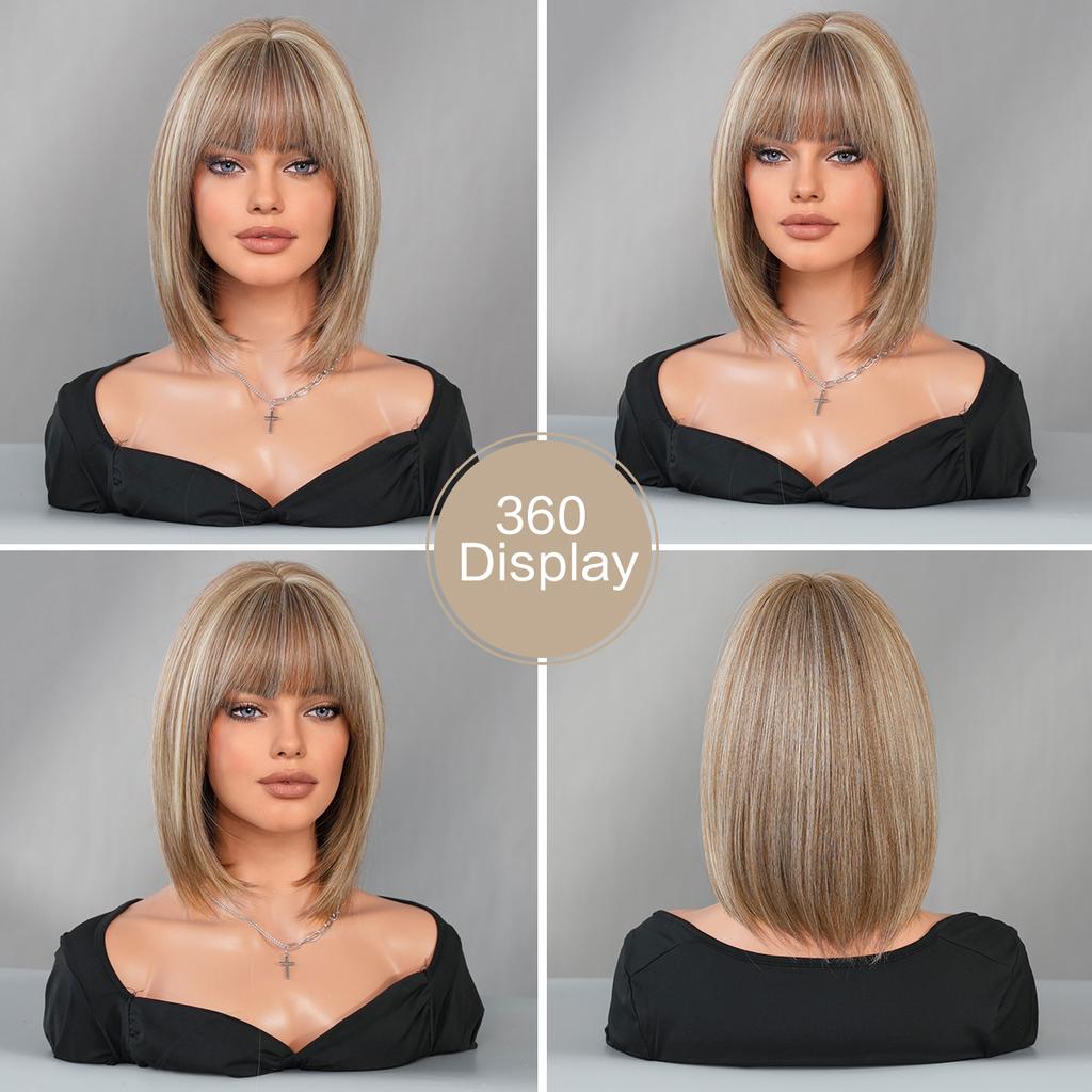 Professional WIGS Synthetic Short Straight Ash Brown Bob Wig for Women High Density Layered Highlight Blonde Hair Wigs with Neat Bangs