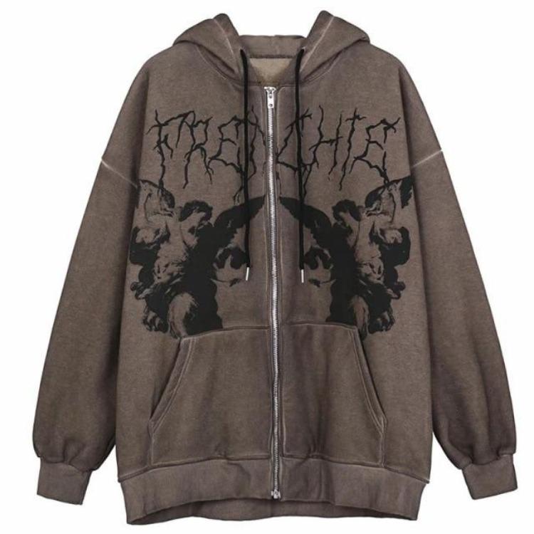 Y2K Harajuku Goth Angel Dark Print Hip Hop Streetwear Hooded Zip Jacket Coat Women Men Unisex Hoodies Top Clothes