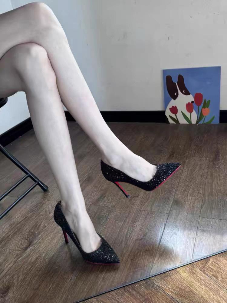 Черные туфли на высоком каблуке с красной подошвой, женские туфли-шпильки, осень-зима 2025, новые свадебные туфли с блестками и кристаллами, остроносые, профессиональные, сексуальные, одинарные туфли