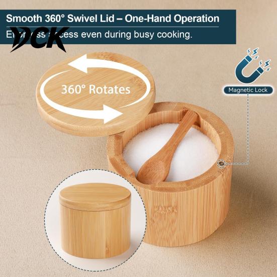 Moisture Proof Spice Container Wood Salt with Swivel Magnetic Lid, Built-in Spoon Seasoning Solid Box Jar, for Kitchen Countertop Storage Organizer