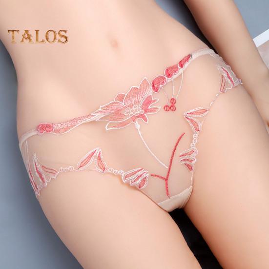 Women's Sexy Lace Thongs See Through Mesh Sheer Panties Floral Embroidered Low-Waist Underwear Ultra-Thin Ladies Briefs