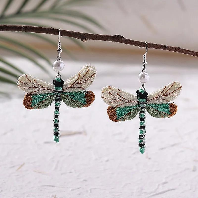Style Vintage New Unique Embroidery Creative Cute Dragonfly Pendants for Women Personalized Fun Drop Earrings Jewelry