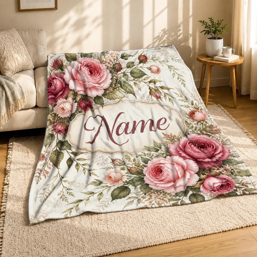 Personalized Rose Bouquet Name Coral Fleece Blanket