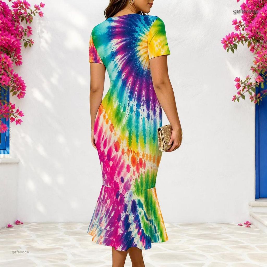 Women Plus Size V Neck Short Sleeve Multicolor Printed Fishtail Dress