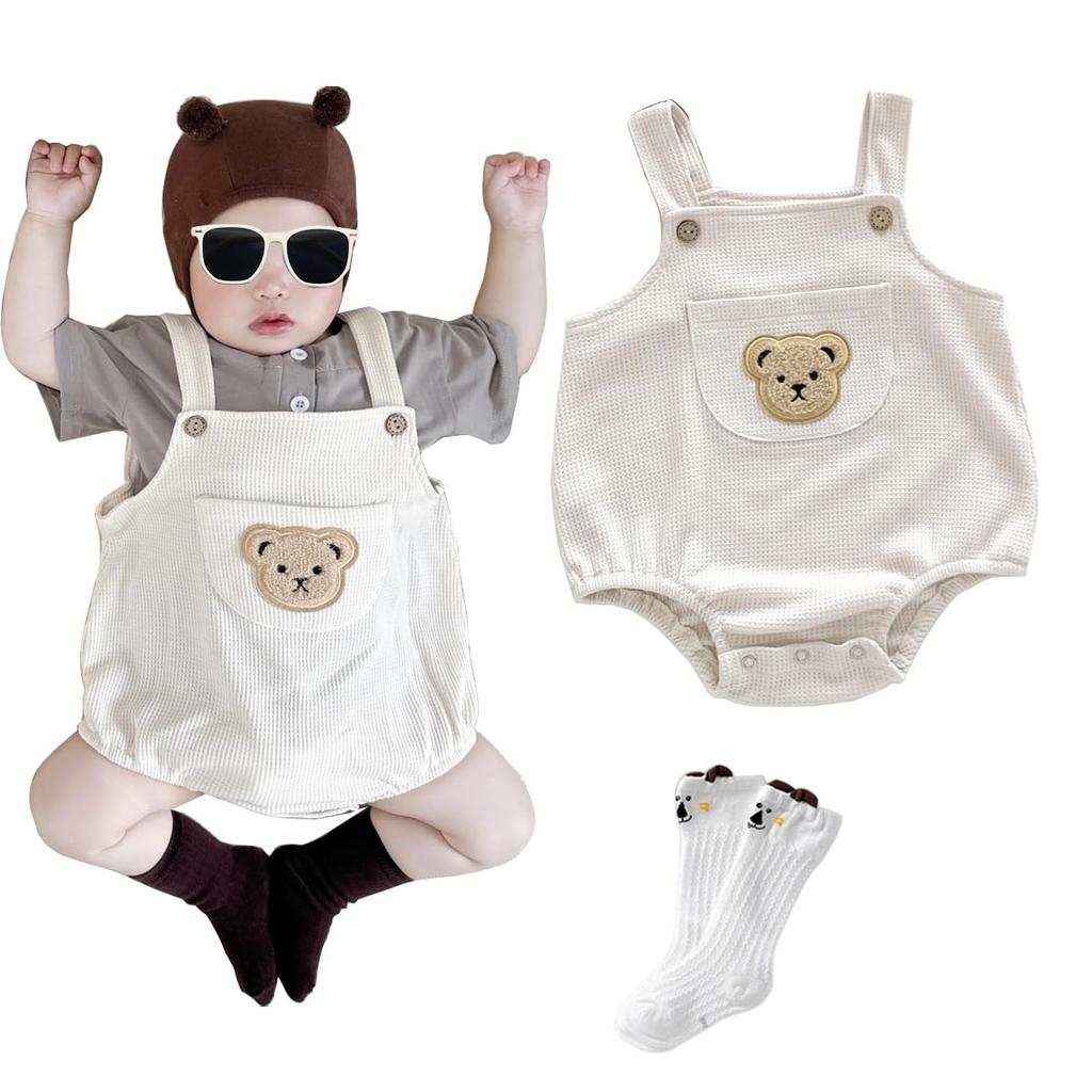 Вафельные ромперы комбинезоны нашивка с детским мишкой накладные карманы детский хлопковый комбинезон одежда комбинезоны детский сад детский праздник для братьев сестер летняя одежда