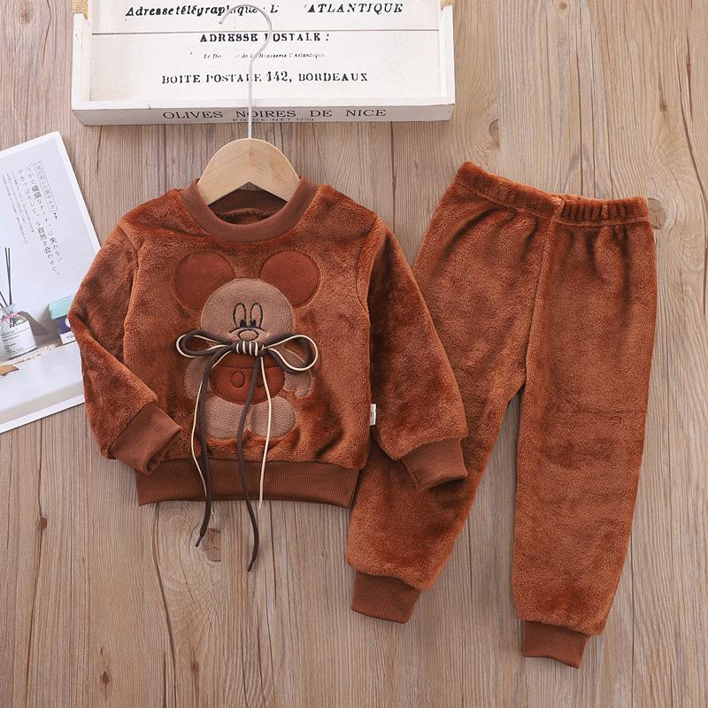 Children's Autumn and Winter Pajamas with Cartoon Bear Flannel Set of Home Clothes