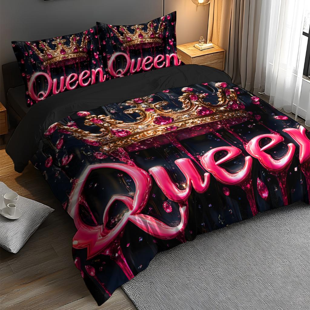 Queen-Themed 3D Crown Pattern Duvet Cover Set Ultra-Soft Microfiber Bedding Fantasy Design Machine Washable For Bedroom And Dorm