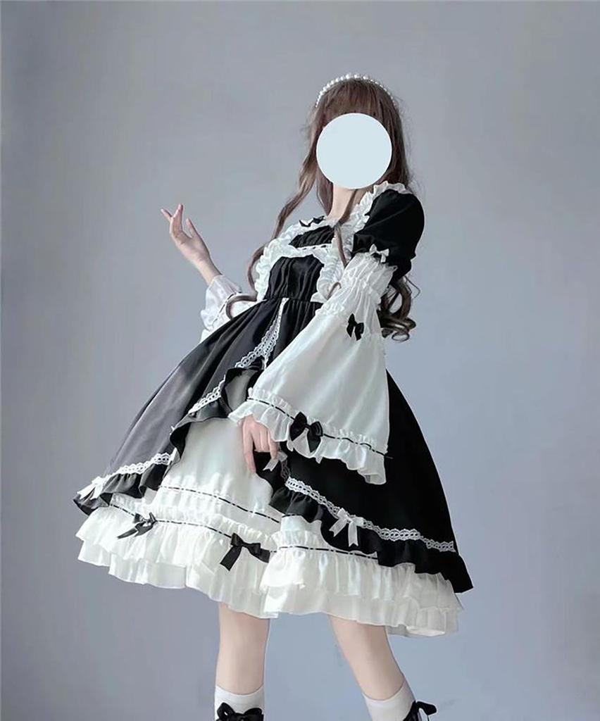 Jundakara Princess Sleeve Dress with and Removable Arm Cute Ruffles and Lolita Girly Student Black and Size M Women's Lace-Up Covers, Ribbons, A-Line,