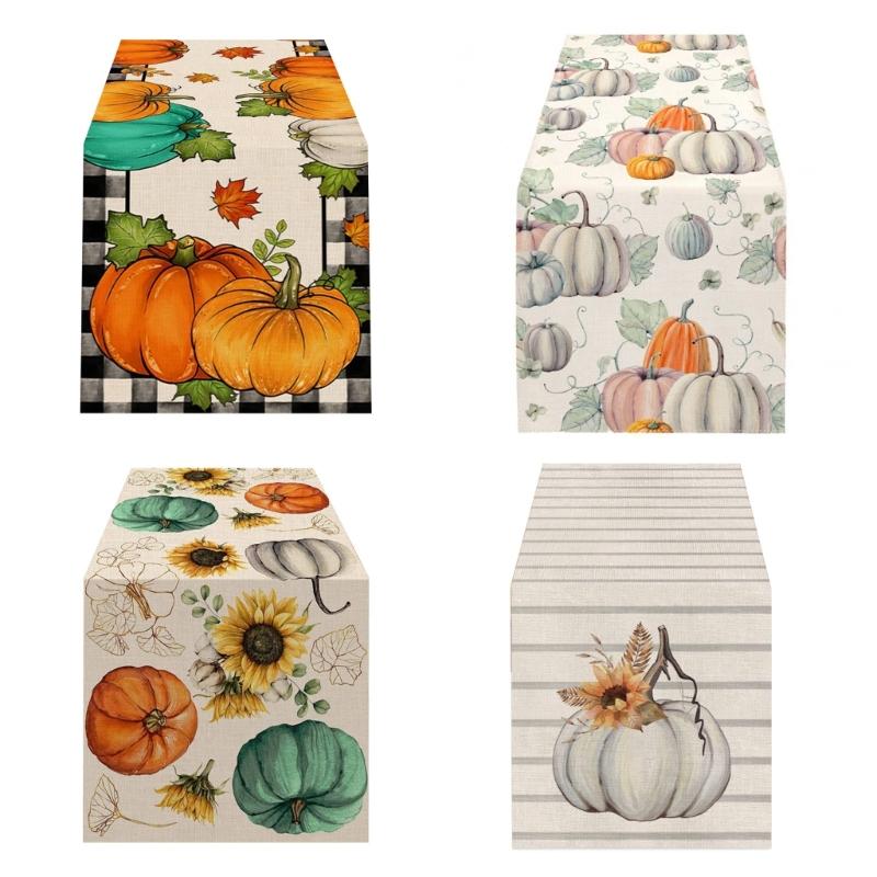Festive Table Runner Fall Thanksgiving Pumpkin Leavest Table Runners Table Cloth for Holiday Decoration