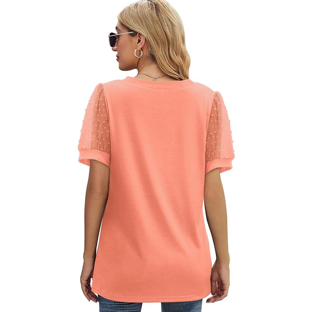 GMXIA Summer Women's T-shirt Solid Color V-neck Simple Mesh Puffed Sleeves
