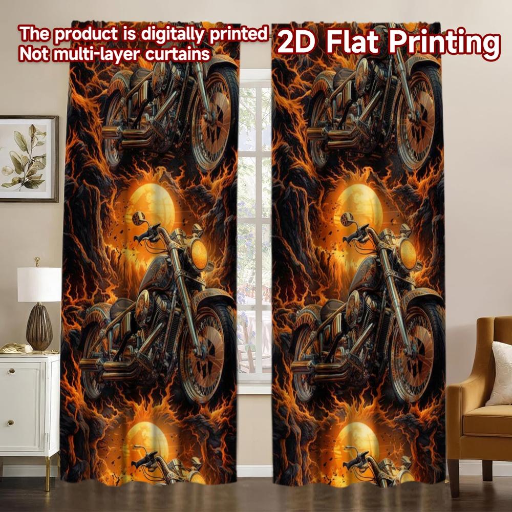 2D FLAT PRINTING 2pcs Curtains (Without Rod) Halloween Fiery Motorcycles Fashionable Chic Curtains Versatile Fabric Curtains