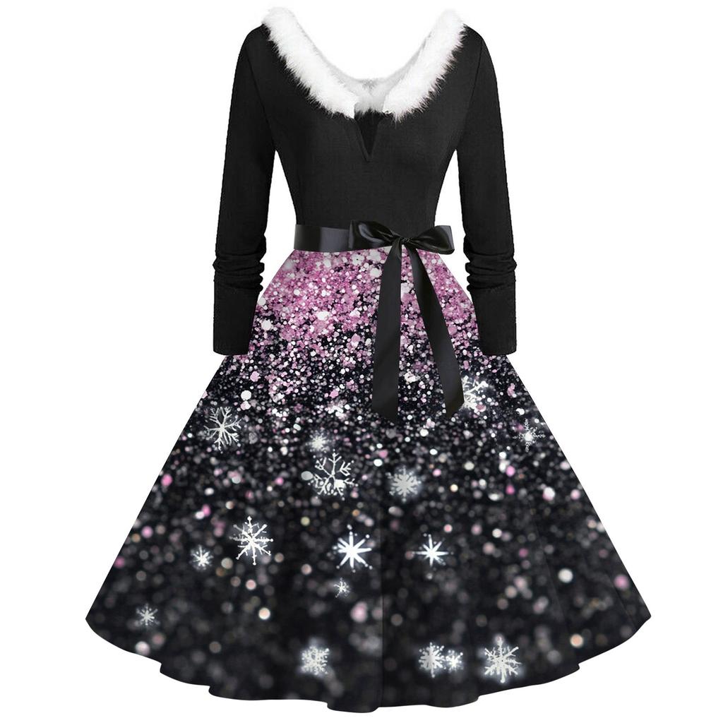 Женское повседневное и модное платье с длинными рукавами и V-образным вырезом с рождественским принтом на молнии