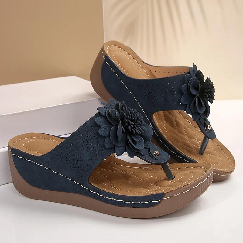 Fashion Big Floral Clip Toe Sandals Women Summer 2025 Comfortable Soft Sole Wedge Heels Slides Woman Casual Plus Size 43 Slippers Mujer