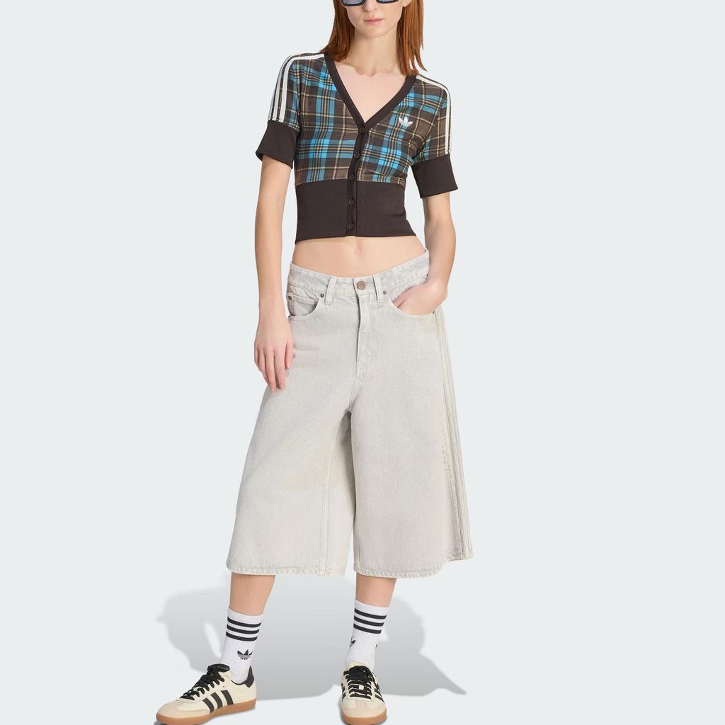 Adidas Оригинальная клетчатая рубашка на пуговицах Три полоски Клетка Пуговицы Спортивная V-образный вырез Короткий рукав Женские рубашки KW4548