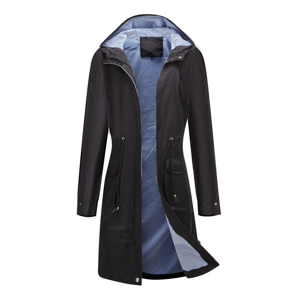 Women's Solid Colored Hooded Long Sleeved Trench Coat With Striped And Straight Tube Jacket