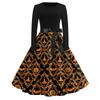 Women's Casual Vintage Halloween Print Dress Round Neck Long Sleeve Fit and Flare Retro Style Midi Dress with Waist Tie