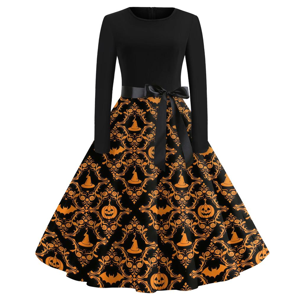 Women's Casual Vintage Halloween Print Dress Round Neck Long Sleeve Fit and Flare Retro Style Midi Dress with Waist Tie