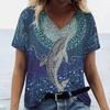 Summer Short Sleeve V-Neck Women Marine Animal Print T Shirt Casual Loose Dolphin Fish Top 2025 Fashion New Tee Shirt For Woman