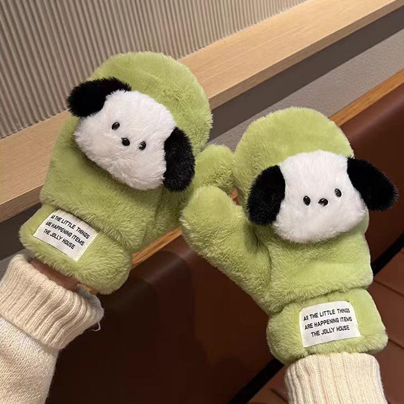 Милые пушистые перчатки-щенки для девочки, зимние перчатки для верховой езды, непродуваемые перчатки, студенческие теплые перчатки, можно носить как хомут, толстый пес