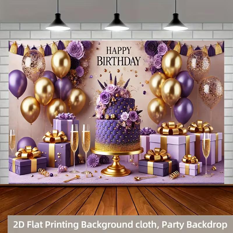 2D Purple Gold Luxury Birthday Backdrop Banner 8ft Wide Happy Birthday Party Decor Background