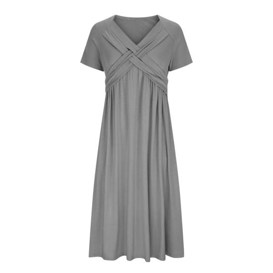 Женское летнее платье с плиссированным ремешком и V-образным вырезом с короткими рукавами, однотонное платье с карманами трапециевидной формы со свободным подолом, дышащее мягкое платье миди для свиданий