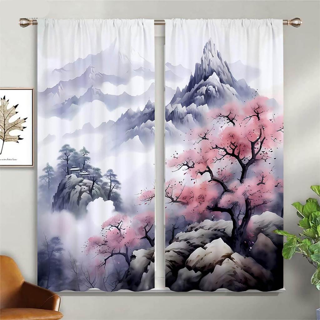 2 шт. штор в китайском стиле с принтом цветущей вишни, солнца, реки, пейзажа, шторы для гостиной, кухни, спальни, декор окна